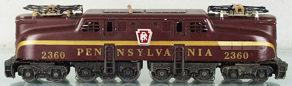 LIONEL 2360 PRR GG1: O ga, tuscan, w/solid gold stripe, 1 Keystone decal chipped, some edge wear to loco bottom, C6.