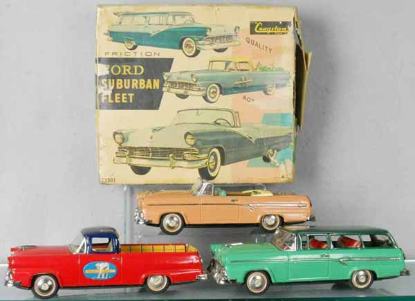 BANDAI FORD SUBURBAN FLEET SET: litho tin, 3 1956 Fords, 11 3/4" long, the convertible has 1 paint chip on rear trunk, orig box, top worn & has some old tape repairs, cars are C8-9.