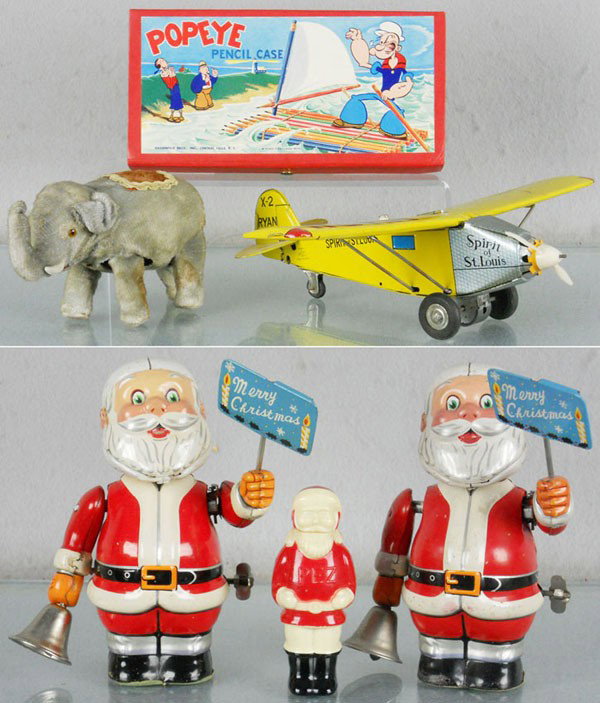 TOY LOT: Popeye Pencil Cast w/tray, 8 1/2" long, Elephant, Occupied Japan, plush, windup working, 6" long, HTC Spirit of St. Louis, litho tin, friction working, 12 1/4" wingspan, 2 Santa Bell Ringers, Japan, l