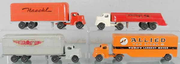 4 RALSTOY TRUCKS: Haeckl Van, Phillips 66 Tanker, Red Ball Van, Allied Moving Van, stickers have wear, C5-6.