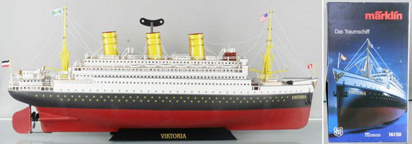 MARKLIN 16150 VIKTORIA OCEANLINER: painted tin, windup working, 37" long, orig box & insert, C9. International buyers please be aware that this lot is too big to ship US Post Office. It must go UPS International and will have a very hi