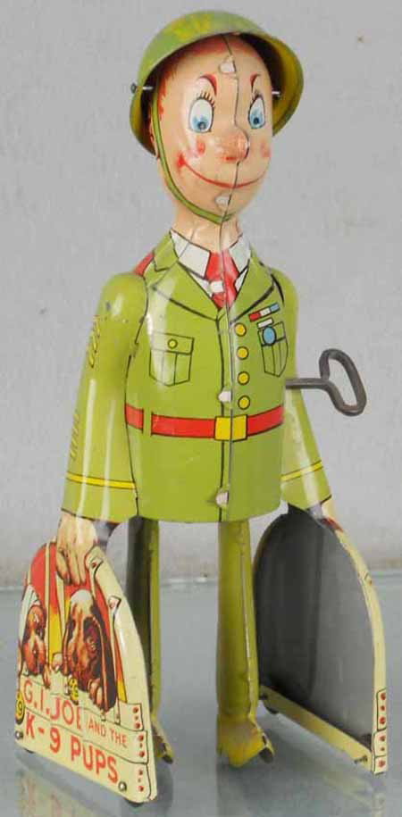 UNIQUE ART GI JOE & THE K-9 PUPS: litho tin, windup working, 9" tall, C8-9.