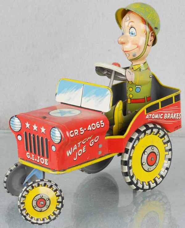 UNIQUE ART G1 JOE & THE JOUNCING JEEP: litho tin, windup working, 7" long, C7-8.