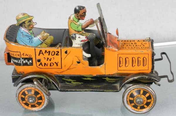 MARX AMOS 'N ANDY FRESH AIR TAXI: litho tin, windup working, 8" long, missing horseshoe, plastic windshield & spring for Andy, C4-5.