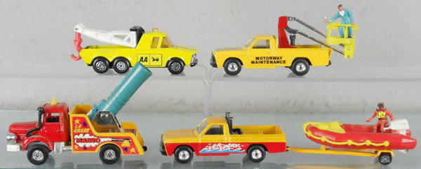 CORGI & MATCHBOX VEHICLES: Corgi 1163 Human Cannonball Truck, missing man, GS28B2 Mazda B1600 Pick Up, w/deep sea diver boat & trailer, 413-B1 Mazda B1600 Pick Up w/Mechanic, Matchbox Super King K8 AA Truck, C6-8.
