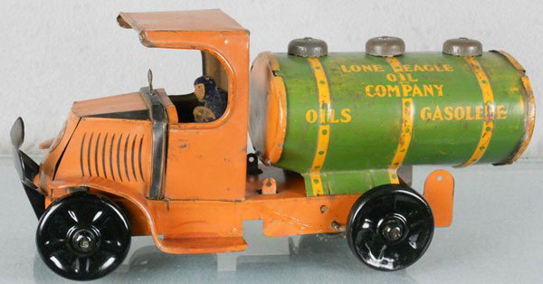 MARX LONE EAGLE MACK OIL TANKER: litho tin, windup working, 12" long, front wheels & bumper replaced, C5.