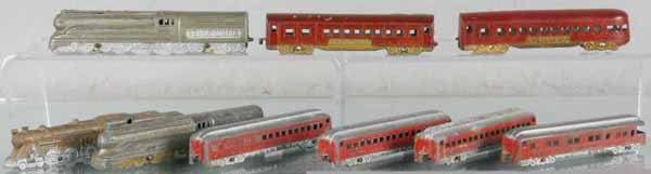 2 TOOTSIETOY TRAIN SETS: 188 Broadway Ltd, 3-piece set, 2 PRR locos, 4 passenger cars, 2 broken couplers, 4 cars are warped, C3-4.