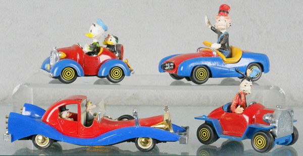 4 POLITOY CHARACTER CARS: Donald Duck & Nephews, Big Bad Wolf, Uncle Scrooge, missing 1 rearview mirror, Goofy, some wear to paint on figures, C6-8.