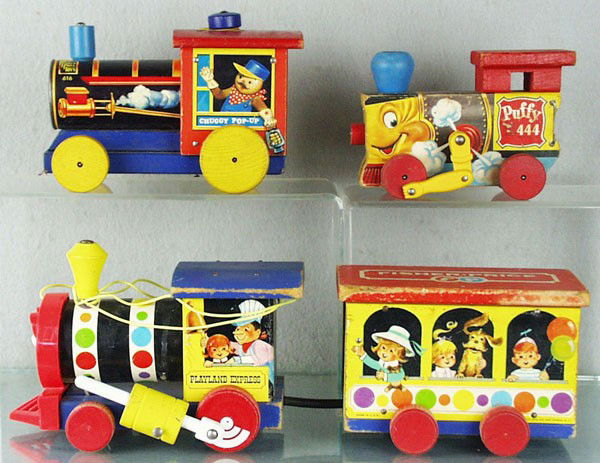 FISHER PRICE TRAIN LOT: 616 Chuggy Pop-Up, black label, 7" long, no pull string, boiler front tarnished, Puffy 444, 5 3/4" long, missing litho paper on both ends, no pull string, 192 Playland Express, 14" long, all are litho