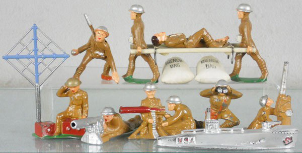 DIMESTORE SOLDIERS: Barclay B147, Manoil M20, M108, M79, M51, M74, M67, 2 #M58, M54, w/2 trench bags, C7-9.