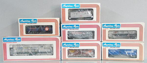 AMERICAN FLYER UP TRAIN SET: S ga, 48009 GM diesel w/cars 48475, 48472, 48307, 49101, 48703, orig boxes & inserts minor wear, C8-9.