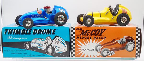 2 NYLINT THIMBLE DROME RACERS: die cast, ca 1998, 9 1/2 in long, both are limited editions, TD-Y 2854 of 5000, series Mac 3266 of 5000, orig boxes & inserts, C9.