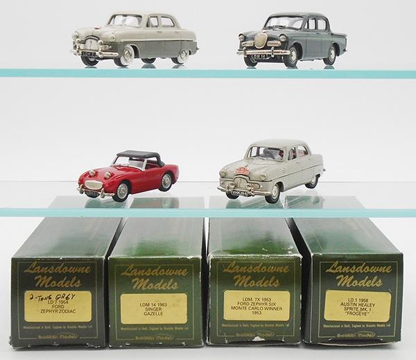 4 BROOKLIN LANDSDOWNE AUTOS: LD7 1954 Ford Zephyr Zodiac, LDM14 1963 Singer Gazelle, LD1 1958 Austin Healy Sprite Mk 1 Frogeye, LDM 7X 1953 Ford Zephyr Six Monte Carlo Winner, orig boxes & inserts minor wear, C8-9.