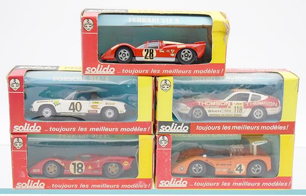 5 SOLIDO RACE CARS: 182 Ferrari 512S, 36 Porsche 914/6, 177 Ferrari 312P, 16 Ferrari Daytona, 176 McClaren Can-Am, wing broken, orig boxes minor wear, C7-9.