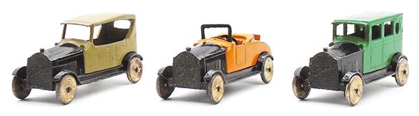 3 TOOTSIETOY BUICKS: 6005 Touring, tan & black, touch up to body, 6001 Roadster, orange & black, edge wear to body, 6003 Brougham, green & black, C5-8.