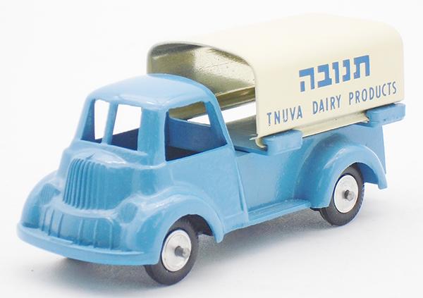 GAMDA DAIRY TRUCK: die cast, blue, black plastic chassis, tow hook intact, made in Israel, orig box minor wear, C8.