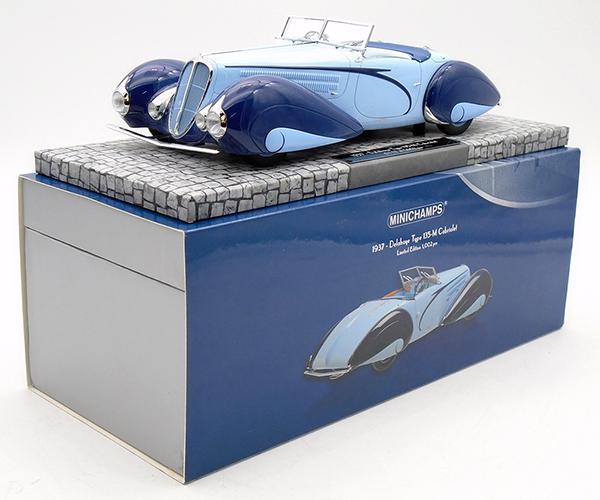 MINI CHAMPS 1937 DELAHAYE TYPE 135-M: by Mullin Automotive Museum, die cast, 1 1/8th scale, light blue & dark blue, 117 of 1002, orig box, insert & sleeve minor wear, C9.