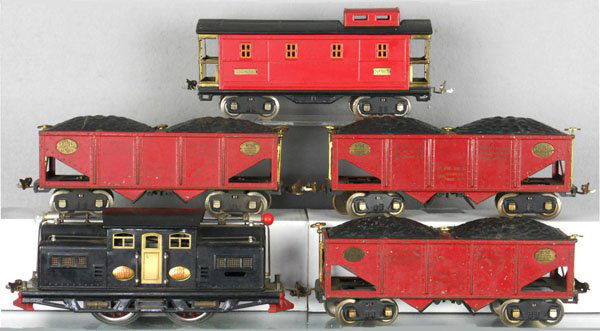 LIONEL COAL TRAIN SET: std ga, 318E loco, restored in black, 3 #516 hoppers, original, 517 caboose, restored, C4-7.