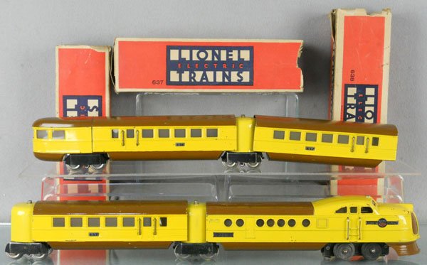LIONEL CITY OF DENVER TRAIN SET: O ga, 636W loco, 2 #637 Pullmans, 638 obsv, cars have rough orig boxes, C6.