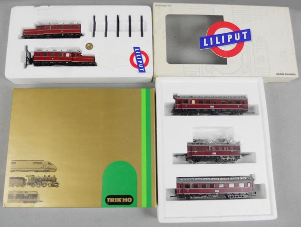 LILIPUT & TRIX TRAIN SETS: HO ga, 2-rail, Liliput 17703 Rail Car set, Trix 22492 Rail Car set, orig boxes & inserts, 1 worn, C9-10.