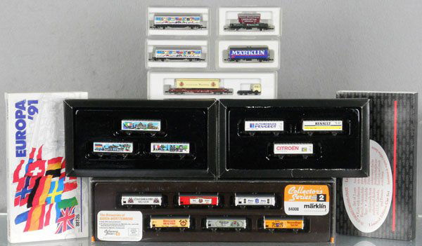 MARKLIN MINI-CLUB LOT: Z ga, 8400B German beer cars, 88126 Europa '91 3-car set, 88126 French Auto 3-car set, w/cars 2 #98007, 8211, Museum Wagen 1993, orig boxes & inserts, C9-10.