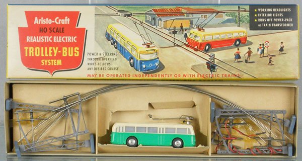 ARISTO-CRAFT TROLLEY-BUS SYSTEM: HO ga, complete w/masts & overhead wires, orig box & insert some minor wear & tears, C7.