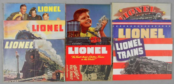LIONEL CATALOGS: 1940, 1941, w/tape, 1942, 1946, 1947, 1948, 1949, w/2 pamphlets, normal wear from use, C6-8.