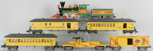 AMERICAN FLYER 20577 TRUSCOTT ASSORTMENT: S ga, 21088 Franklin loco & tender, 30 baggage, 40 combine, 20 coach, 55 box car, 65 cannon flat, 789 station shell & lithographed mountains, orig 20550 set box & Truscott box worn & taped, C5-6.