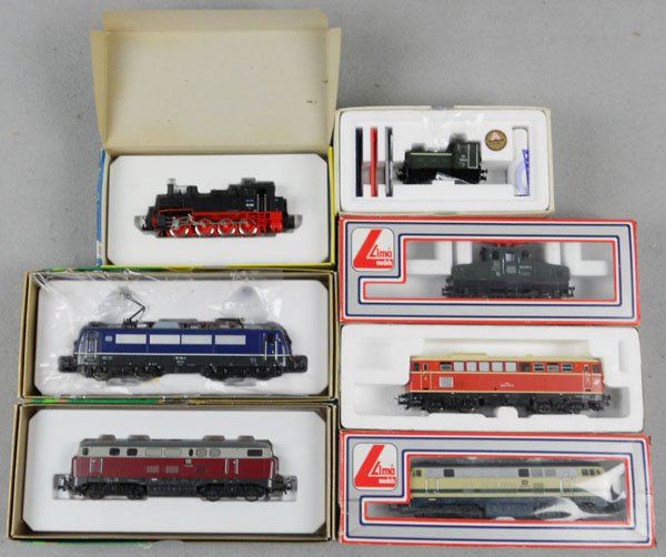 TRIX, LILIPUT & LIMA LOCOS: HO ga, 2-rail, Liliput 16010 diesel, Lima 201632LG diesel, 201660G electric, 208131L diesel, Trix 22476 diesel, 22547 electric, 2412 loco, orig boxes & inserts some wear, C8-9.