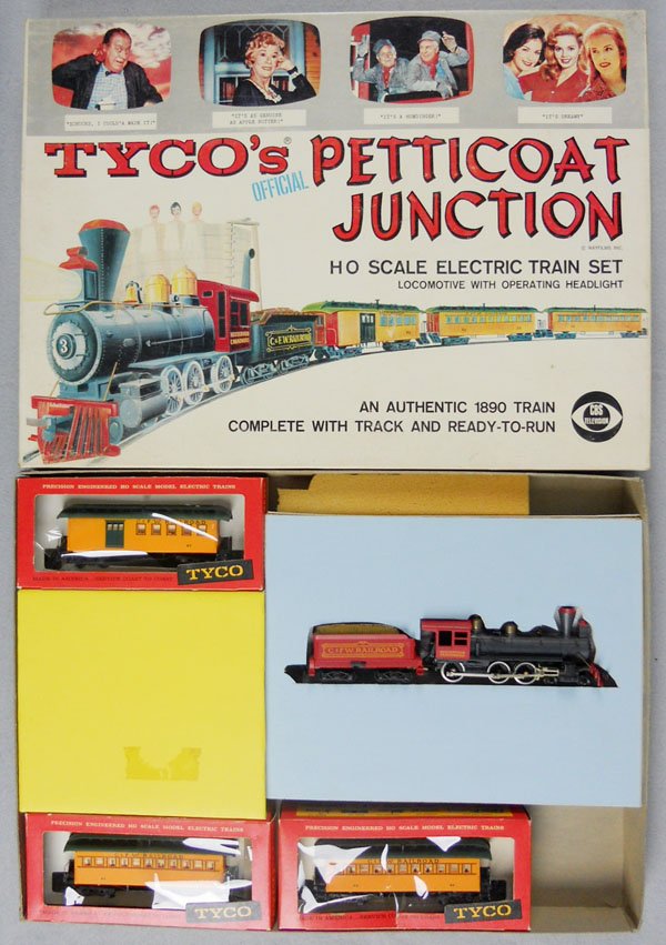 TYCO PETTICOAT JUNCTION SET: HO ga, 2-rail, w/Hooterville Cannonball loco & tender & 3 coaches, orig boxes & inserts, orig set box minor wear, C9.