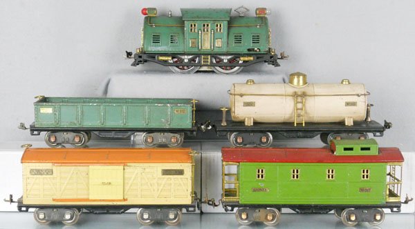 LIONEL TRAIN SET: std ga, 10 loco, rewheeled, 515 tank, 512 gondola, 514 box car, 517 caboose, set is playworn, dirty & has some oxidation, C5.