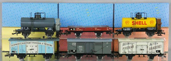 6 ETS FREIGHT CARS: O ga, 411, 463, 455, 462, 433, 444, orig boxes, C9.