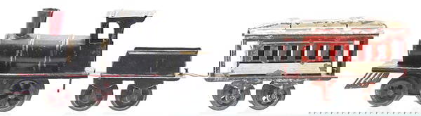 IVES TRAIN SET: 0 ga, handpainted tin, #0 loco, sheet metal w/iron wheels, windup working, red smokestck has touch up, #4 tender, gold trim worn, coach is red & white, paint flaking, 2 loop couplers, ca 1901, C4-6.