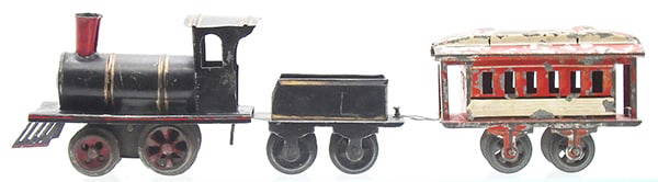 IVES TRAIN SET: 0 ga, handpainted tin, #0 loco, sheet metal w/iron wheels, windup working, red smokestck has touch up, #4 tender, gold trim worn, coach is red & white, paint flaking, 2 loop couplers, ca 1901, C4-6.