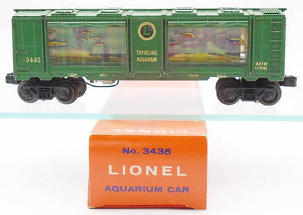 LIONEL 3435 AQUARIUM CAR: 0 ga, 1st version w/tank 1, tank 2 & gold circle around L, orig box minor wear, C7.