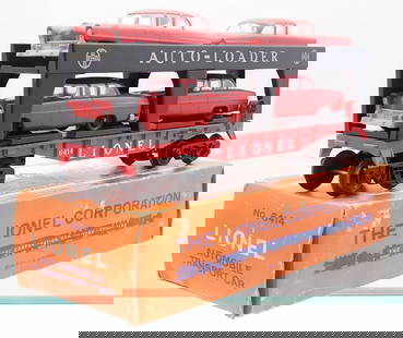 LIONEL 6414 AUTO-LOADER: 0 ga, red cars w/gray bumpers version, orig Lionel issue cars, orig box minor wear, C8.
