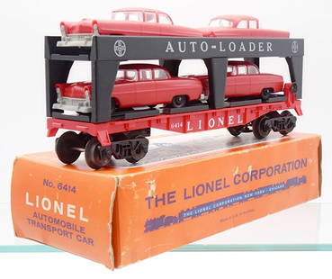 LIONEL 6414 AUTO-LOADER: 0 ga, red cars w/gray bumpers version, orig Lionel issue cars, orig box minor wear, C8.