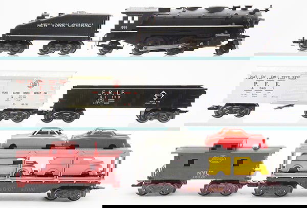 MARX 52290 NYC TRAIN SET: 0 ga, 666 loco, die cast, w/regular smoke, 961 tender, 51170 Erie gondola, 43461 operating reefer, 51100 auto carrier w/4 unmarked vehicles, 18326 caboose, w/transformer, 4 pieces of scenery, orig set