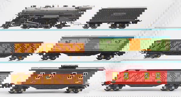 LIONEL TRAIN SET: 0 ga, 1666E loco, gunmetal, 1689W tender, 1717 gondola, 2717 gondola, 1719 box car, 2722 caboose, C6-7.