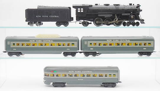 MARX NYC TRAIN SET: 0 ga, die cast 333 loco & 3991 tender, 234 vista dome, 234 coach, 236 obsv, w/track, orig set box & dividers, C7.