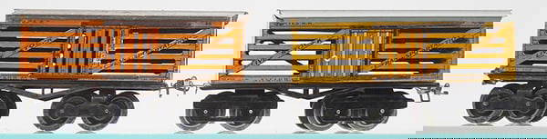 2 IVES 65 STOCK CARS: 0 ga, litho tin, 1 is orange w/T trucks, gray roof paint flaking, other is yellow w/black unpunched trucks, C5-6.