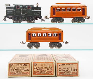 LIONEL TRAIN SET: 0 ga, 152 dark green loco, 2 #603 Pullmans, orange, orig boxes minor wear, orig set box marked Special, C7-8.