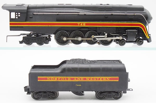 LIONEL 746 N&W LOCO & TENDER: 0 ga, 746 loco, 746W tender, orig boxes complete, w/all flaps, orig paper & instructions, orig master carton has masking tape residue on top only, C8.