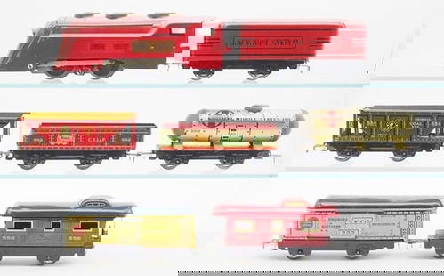MARX TRAIN SET: 0 ga, litho tin, 597 Commodore Vanderbilt electric loco, 551 NYC tender, red, 554 hopper, 552 gondola, 553 tank, 555 reefer, 556 caboose, C6-7.