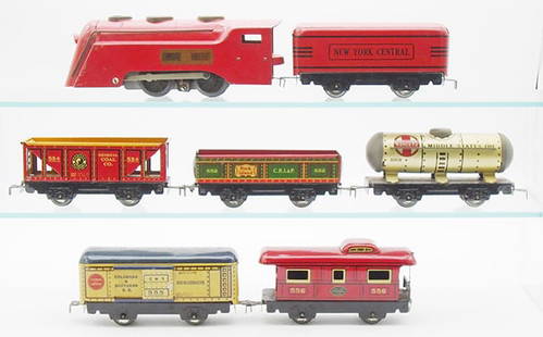 MARX TRAIN SET: 0 ga, litho tin, 597 Commodore Vanderbilt electric loco, 551 NYC tender, red, 554 hopper, 552 gondola, 553 tank, 555 reefer, 556 caboose, C6-7.