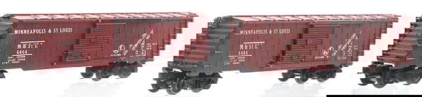 2 LIONEL 6464-50 M&STL BOX CARS: 0 ga, 1st version, 1 has plastic trucks, C6-8.