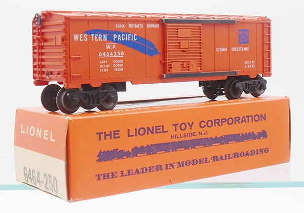 LIONEL 6464-250 WESTERN PACIFIC BOX CAR: 0 ga, type 1, early version, orig box minor wear, C8-9.