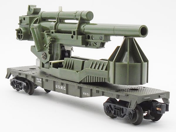 LIONEL 6651 USMC CANNON FIRING CAR: 0 ga, working, w/2 wood shells, C8.