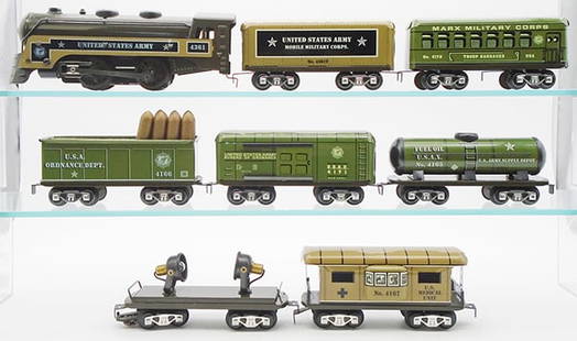 NEW MARX 10471 US ARMY TRAIN SET: 0 ga, 4361 loco & tender, 4172 barracks car, 4166 ordnance car w/load, 4171 ordnance box car, 4165 tank car, spotlight car, 4167 medical unit car, 6 trench bags, orig set box & inserts, C9.