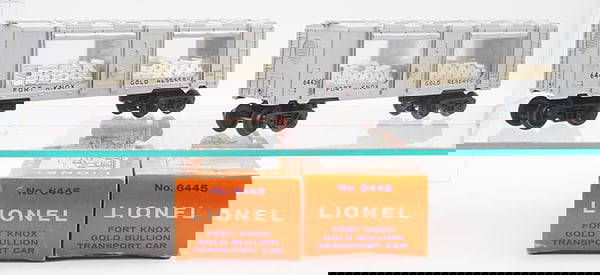 2 LIONEL 6445 FORT KNOX BULLION CARS: 0 ga, orig boxes minor wear, all flaps intact, C8-9.